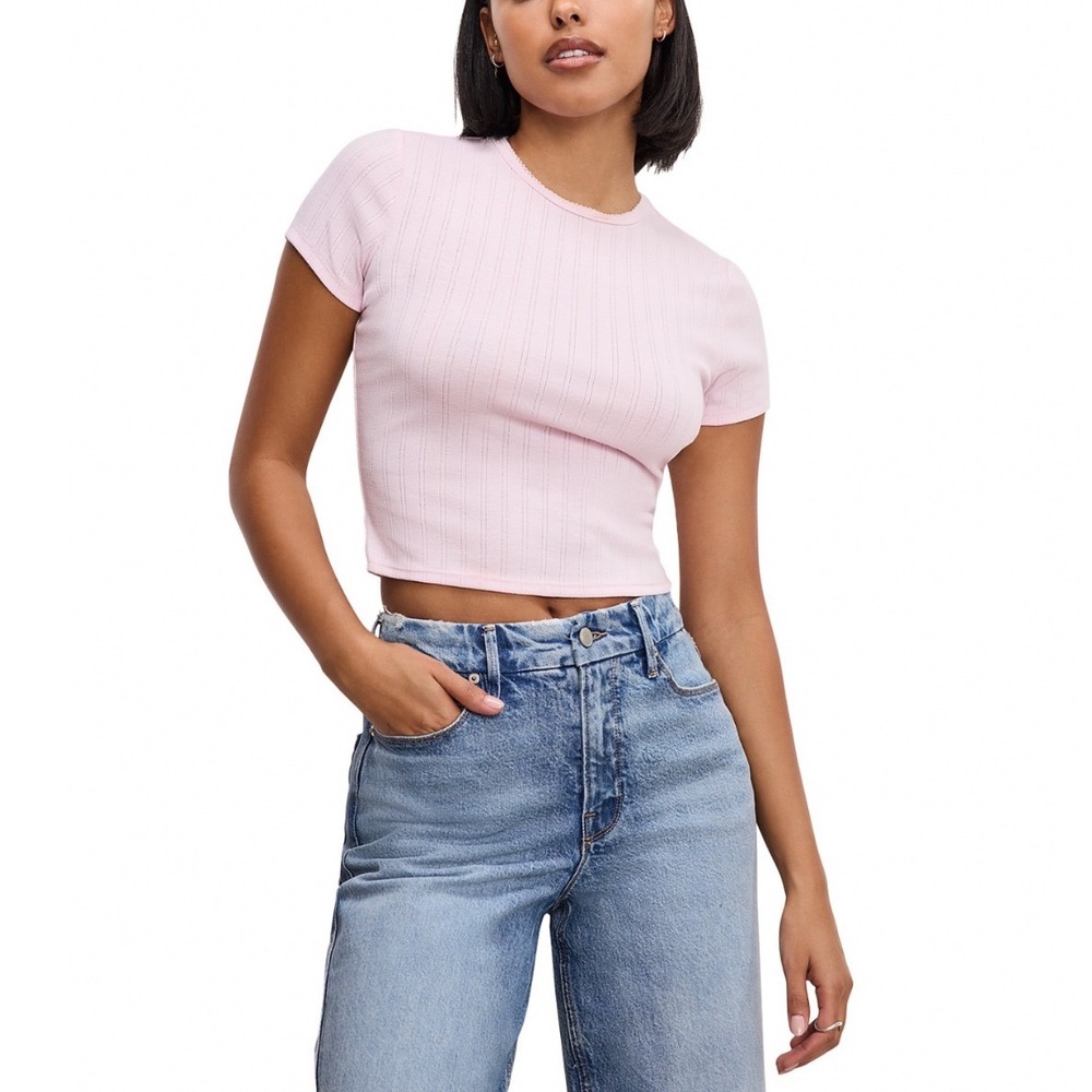 Good American Pointelle Baby Tee Cotton Candy Pink GT0590 Short Sleeve Small